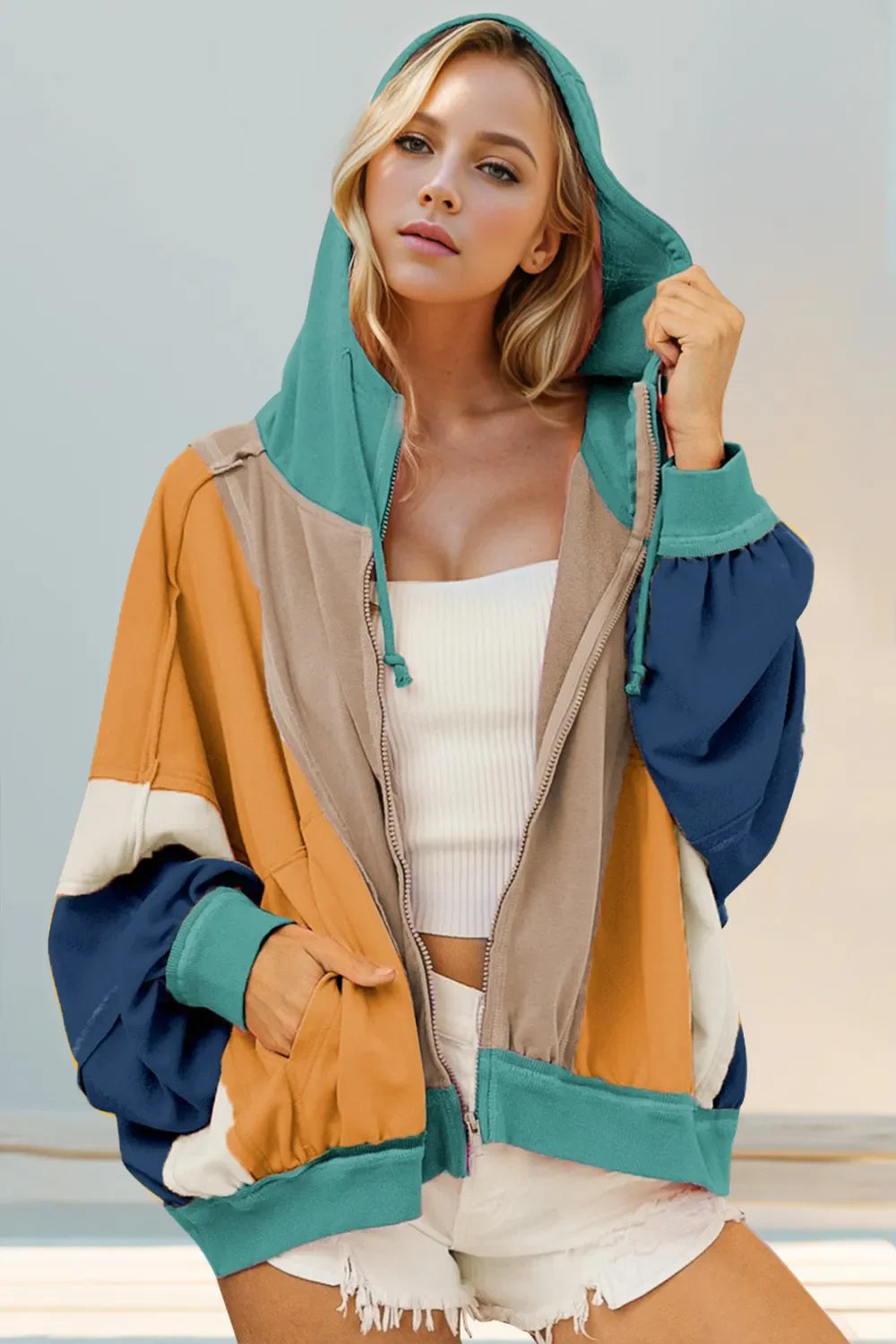 Double Take Full Size Color Block Zip Up Hoodie See size chart under “more details” The Fashion Celestial