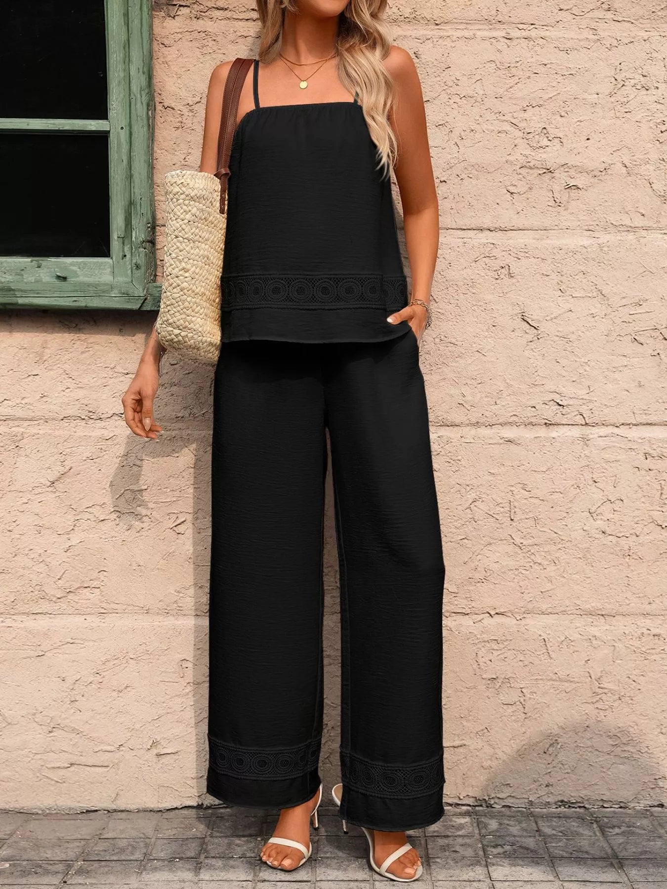 Lace Trim Cami and Wide Leg Pants Set New Era Fashion LLc