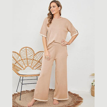 New Knitting Suit Sweater Suit Short Sleeve Pullover Wide Leg Pants Grayceful LLC
