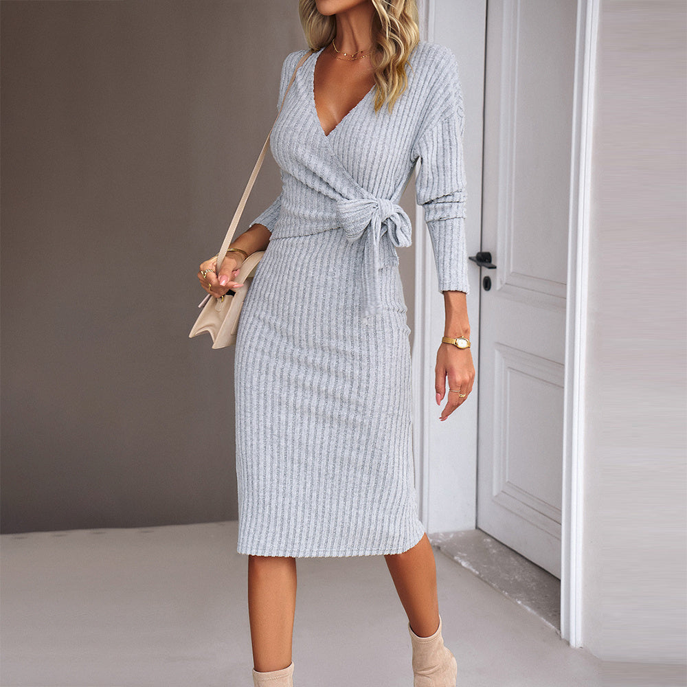 Elegant Style V-neck Solid Color Bandage Regular Sleeve Mid Dresses Light Gray FitiqueFit