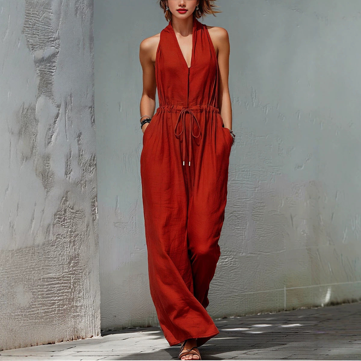 Women's Sleeveless Halter Neck Solid Color Long Jumpsuit FitiqueFit