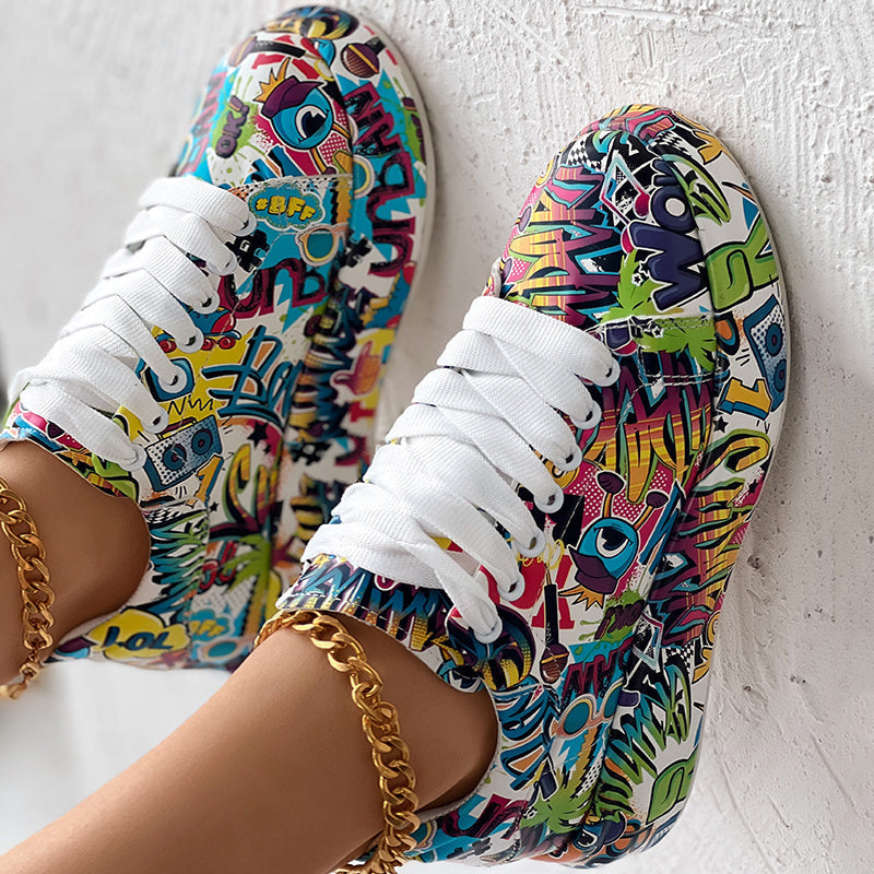 Round-Toe Thick-Sole Lace-Up Sneakers — Women’s Casual Print Shoes FitiqueFit
