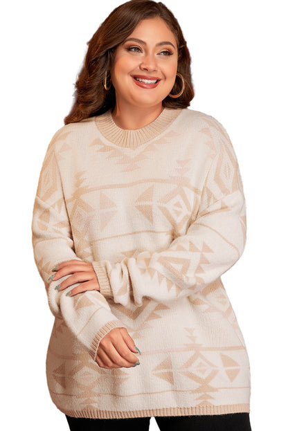 Apricot Plus Size Western Aztec Print Loose Sweater Garden Naked Curves