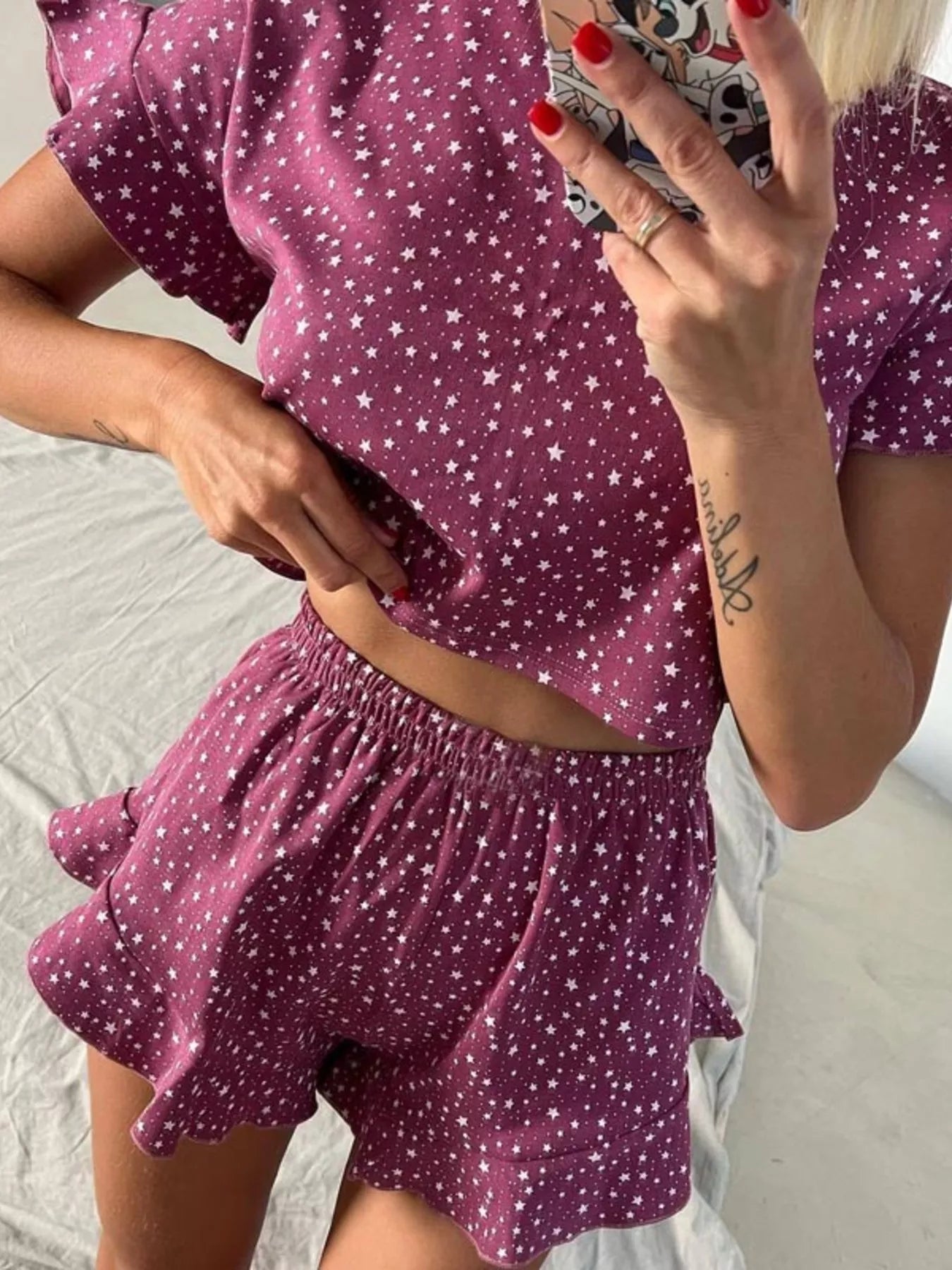 Printed Crop Top and Ruffled Shorts Lounge Set New Era Fashion LLc