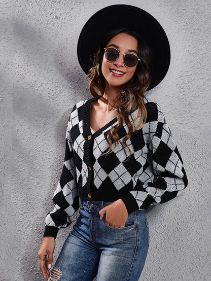 Women'S Elegant Tartan Knit Cardigan, V-Neck Short Length Sweater with Button Detail, Acrylic 100% Long Sleeve Knitwear for Fall/Winter NovaCart