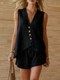 Women's Cotton-Linen V-Neck Button Sleeveless Top & Shorts Set FitiqueFit