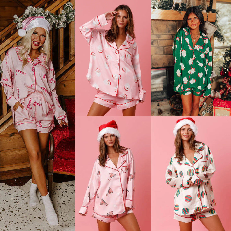 Women’s Satin Santa Claus Pajama Set | Christmas Print Two-Piece Loungewear FitiqueFit