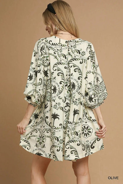 Umgee Boho Printed Balloon Sleeve Mini Dress West2East Surf