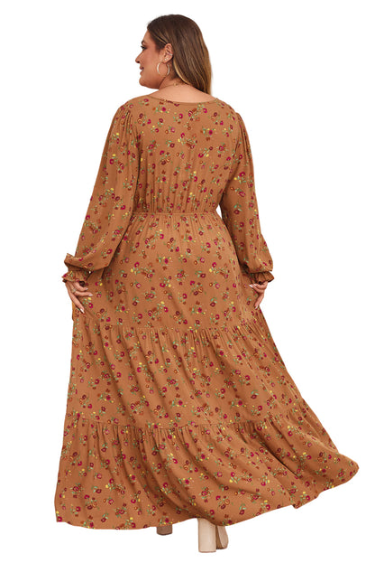 Brown Plus Size Floral Split V Neck Ruffled Sleeve Tiered Maxi Dress Garden Naked Curves
