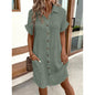 Women's Cotton Linen Shirt Dress – V-Neck Button-Front A-Line Dress FitiqueFit