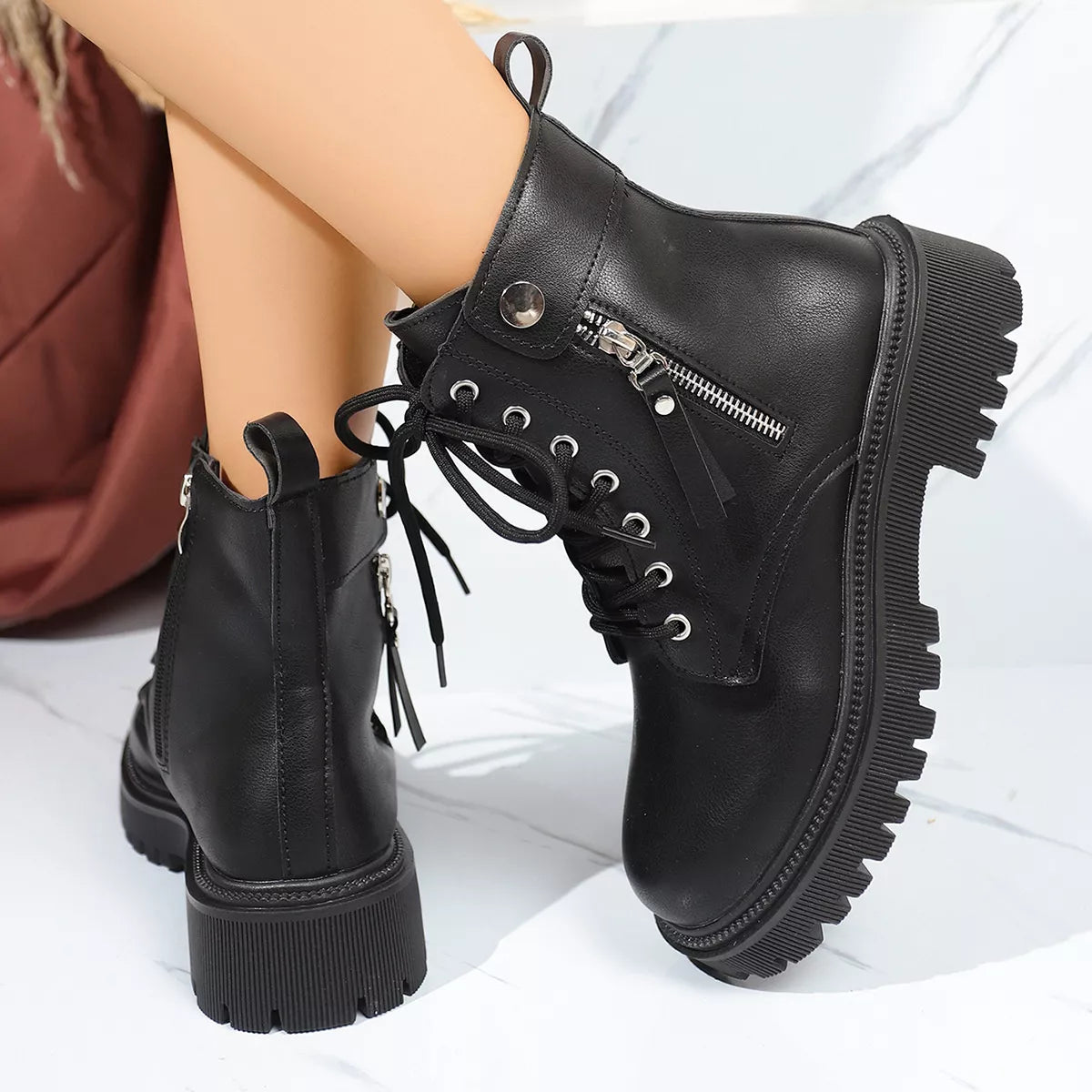 Round Toe Block Heels Boots with Mid-Heel Comfort FitiqueFit