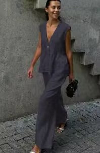 Women’s Cotton V-Neck Sleeveless Vest and Wide-Leg Pants Set FitiqueFit