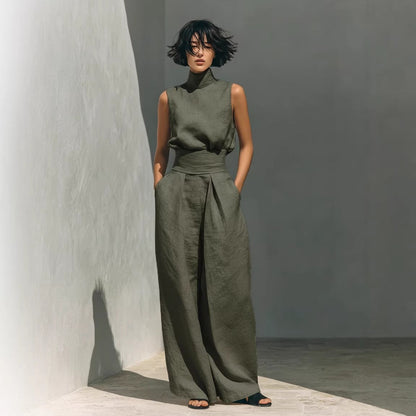 Women’s Cotton Linen Two-Piece Set – Sleeveless Top & Wide-Leg Pants FitiqueFit