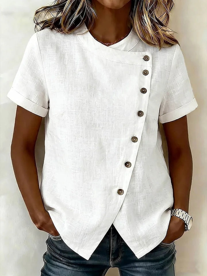 Women's Cross-Neckline Asymmetrical Hem Cotton Linen Top – Loose Fit FitiqueFit