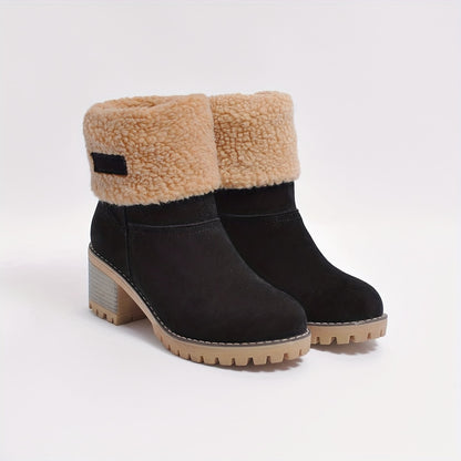 Women's Warm Faux Fur Lined Boots, Slip On Block Heeled Ankle Boots, Women's Footwear NovaCart