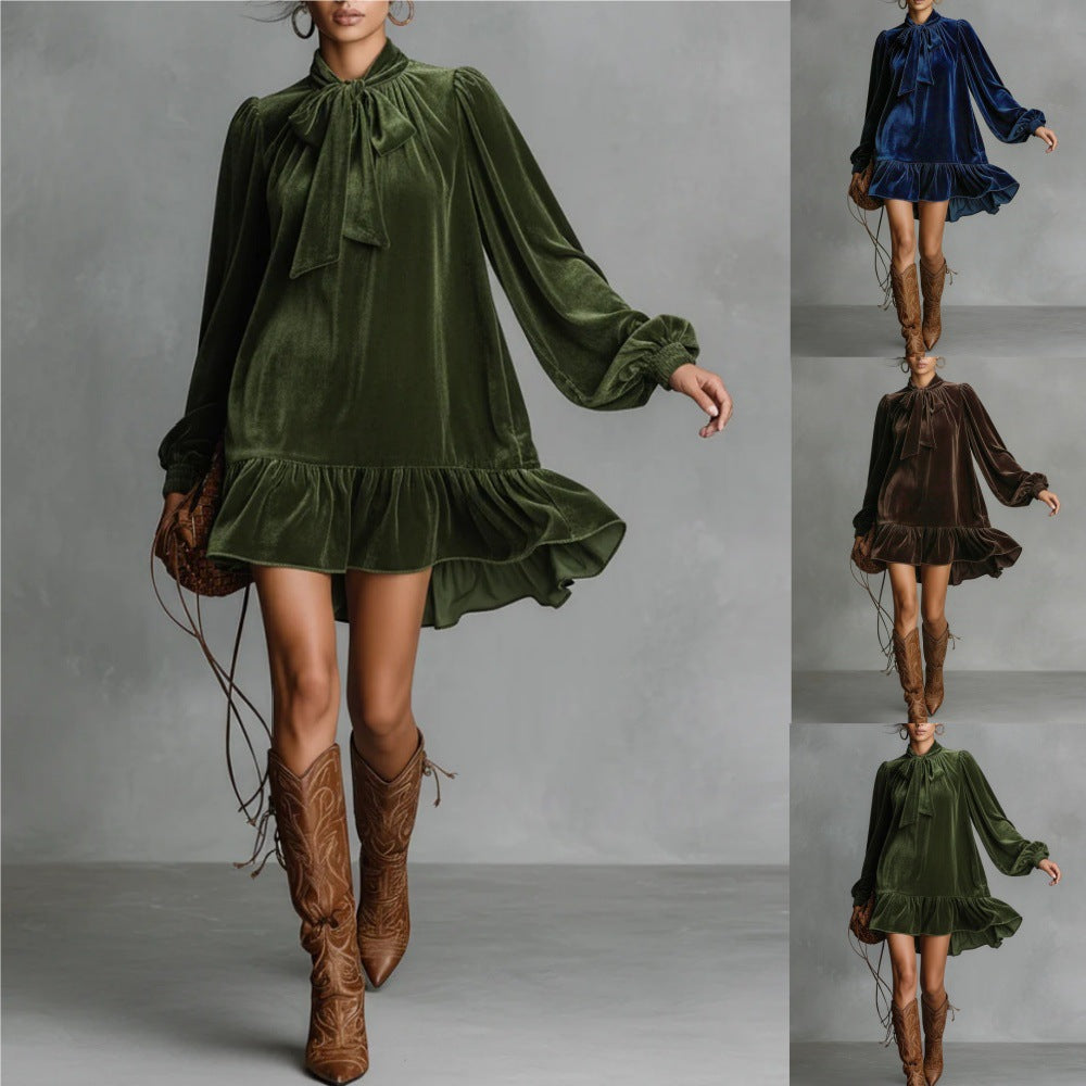Women’s Bow-Tie Puff Sleeve Dress – Elegant Asymmetric Ruffle Hem Short Dress FitiqueFit
