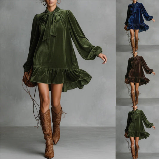 Women’s Bow-Tie Puff Sleeve Dress – Elegant Asymmetric Ruffle Hem Short Dress FitiqueFit