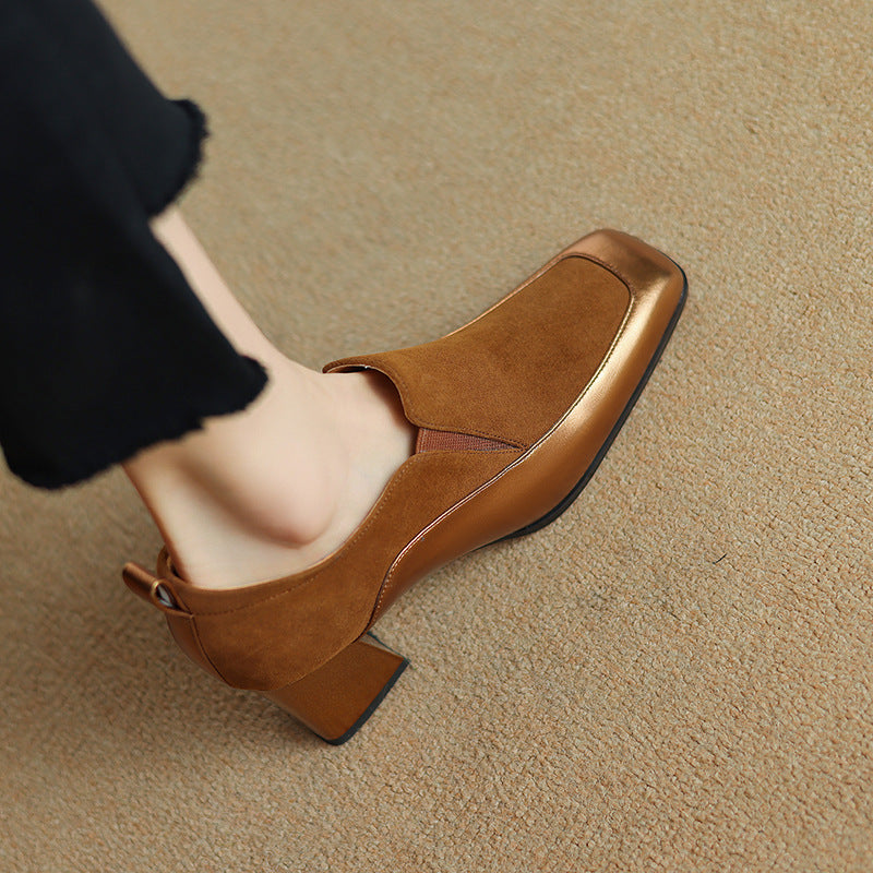 Women's Retro Cowhide Square Toe Chunky Heel Slip-On Pumps FitiqueFit