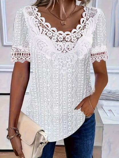 Women's Lace Patchwork Crew Neck Short Sleeve T-Shirt FitiqueFit