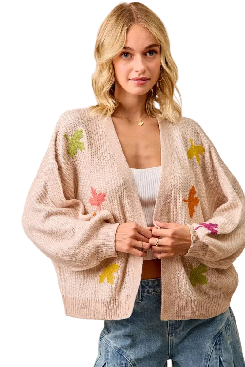 BiBi Two Tone Knit Cardigan with Leaf Patches West2East Surf