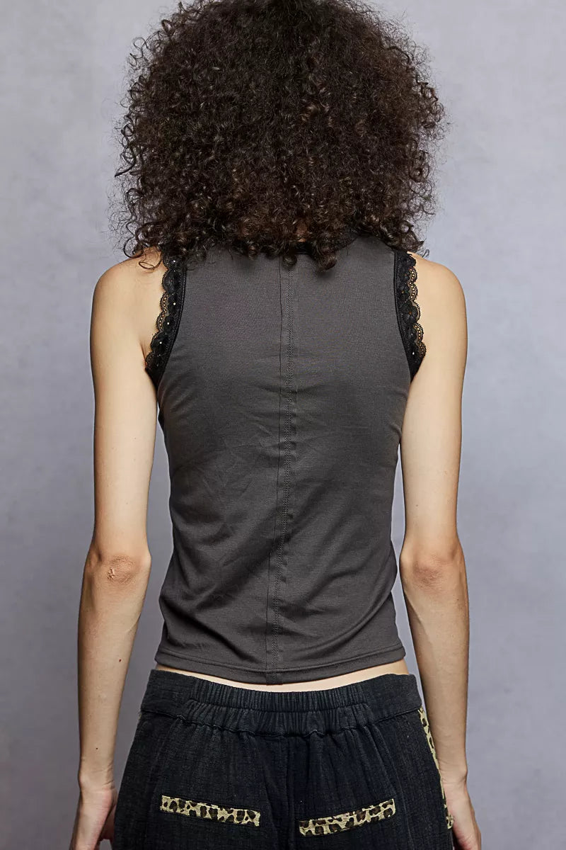 POL Round Neck Cropped Tank with Lace Trim Montret