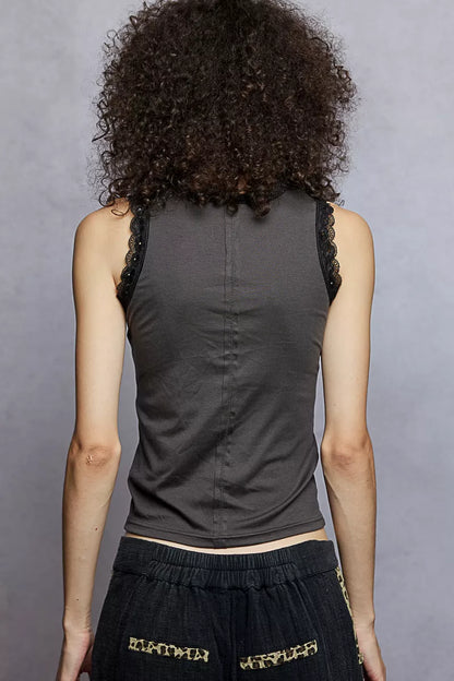 POL Round Neck Cropped Tank with Lace Trim Montret