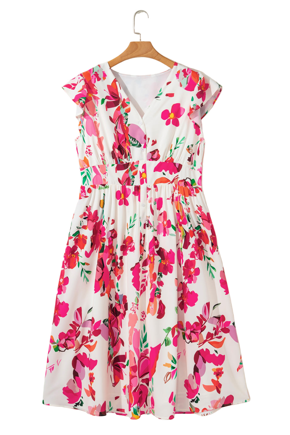 Pink Floral Print V Neck Ruffle Sleeve Plus Size Midi Dress Garden Naked Curves