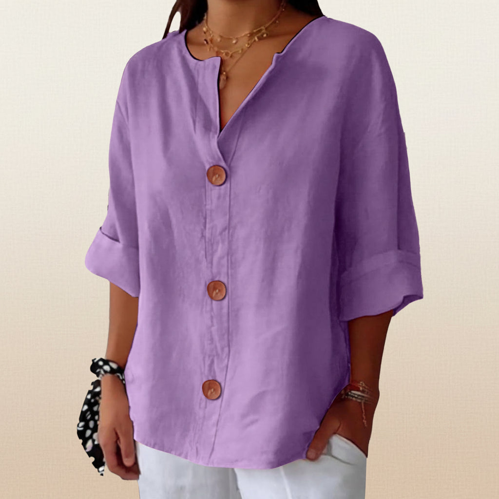 Women's V-Neck Cotton Linen Buttoned Blouse FitiqueFit