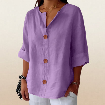Women's V-Neck Cotton Linen Buttoned Blouse FitiqueFit