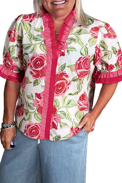 Rose Plus Size Floral Print Frill Neck Short Sleeve Blouse Garden Naked Curves