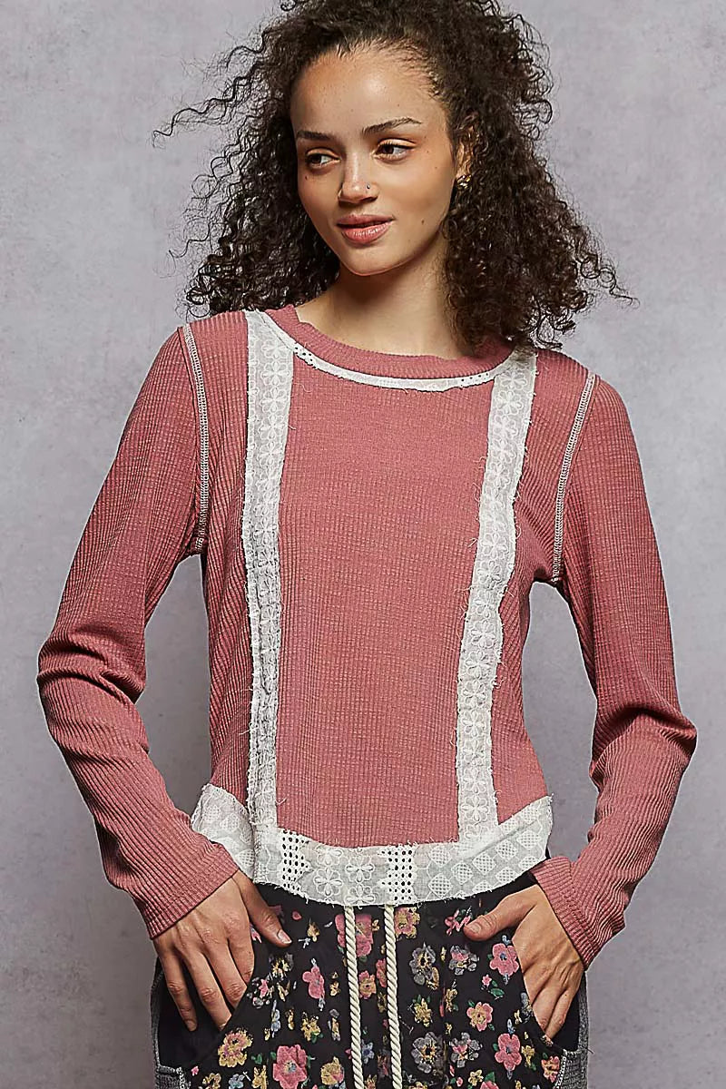 POL Contrast Round Neck Long Sleeve Ribbed Top with Eyelet Patch West2East Surf