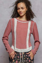 POL Contrast Round Neck Long Sleeve Ribbed Top with Eyelet Patch West2East Surf