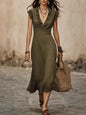 Women's V-Neck Cotton-Linen Flutter-Sleeve Ruffle-Trim Midi Dress FitiqueFit