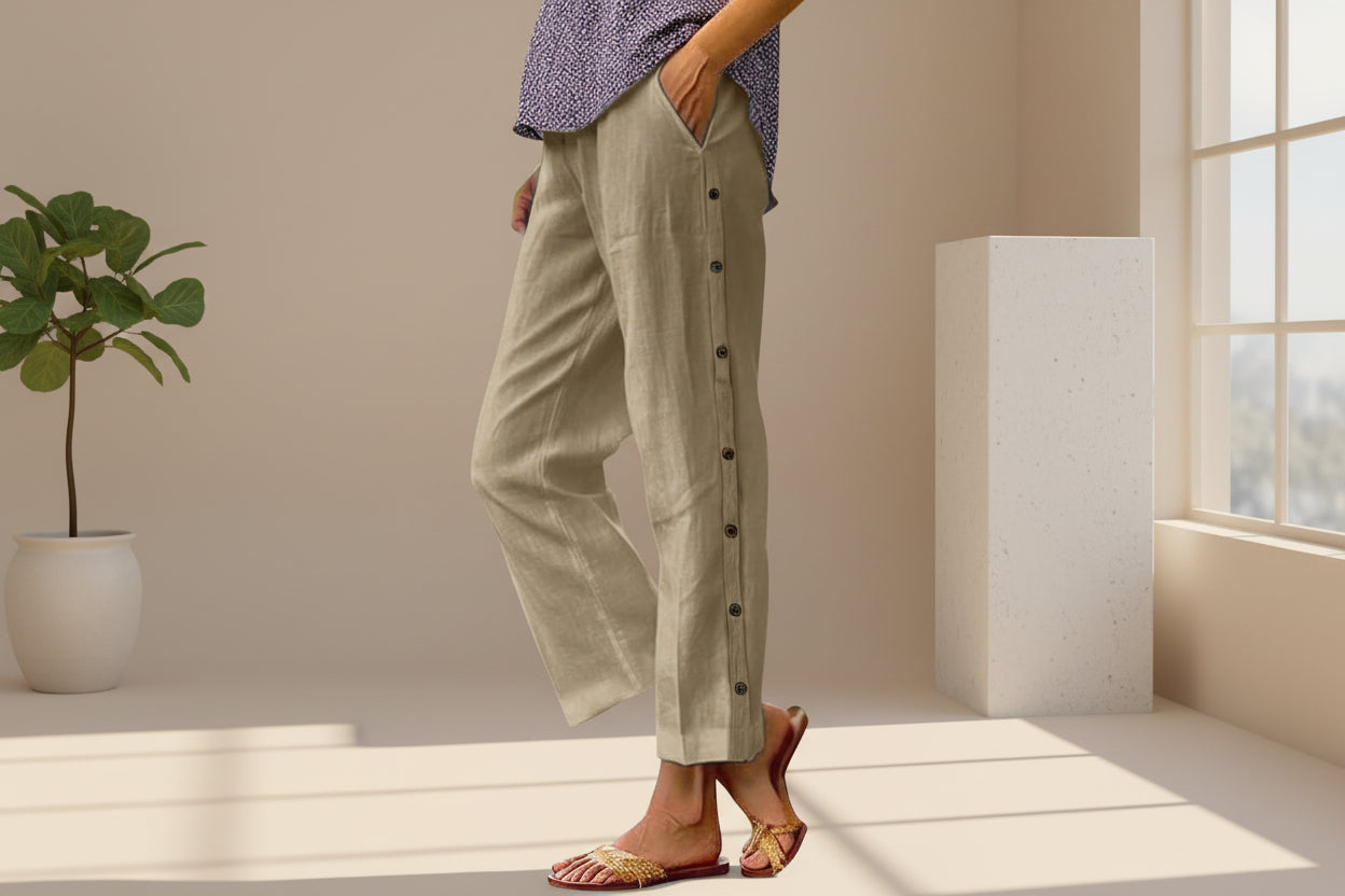 Cropped Pants With Decorative Buttons Along the Side Seams FitiqueFit