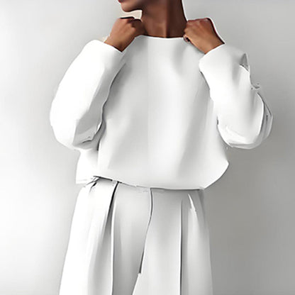 Women’s Solid Color 2-Piece Set – Long Sleeve Top & Pleated Pants Loungewear FitiqueFit