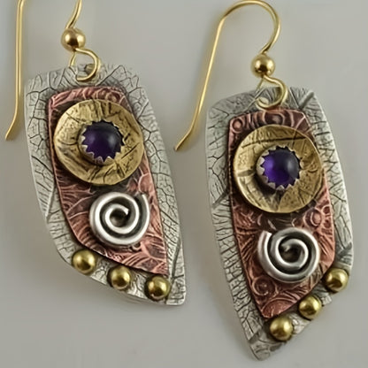 Women's Vintage Bohemian Drop Earrings - 14K Gold Plated Zinc Alloy with Synthetic Gems, Simple Irregular Shape Metal Engraved Pattern Dangle Jewelry | Elegant Gift for Women | Lightweight and Durable NovaCart
