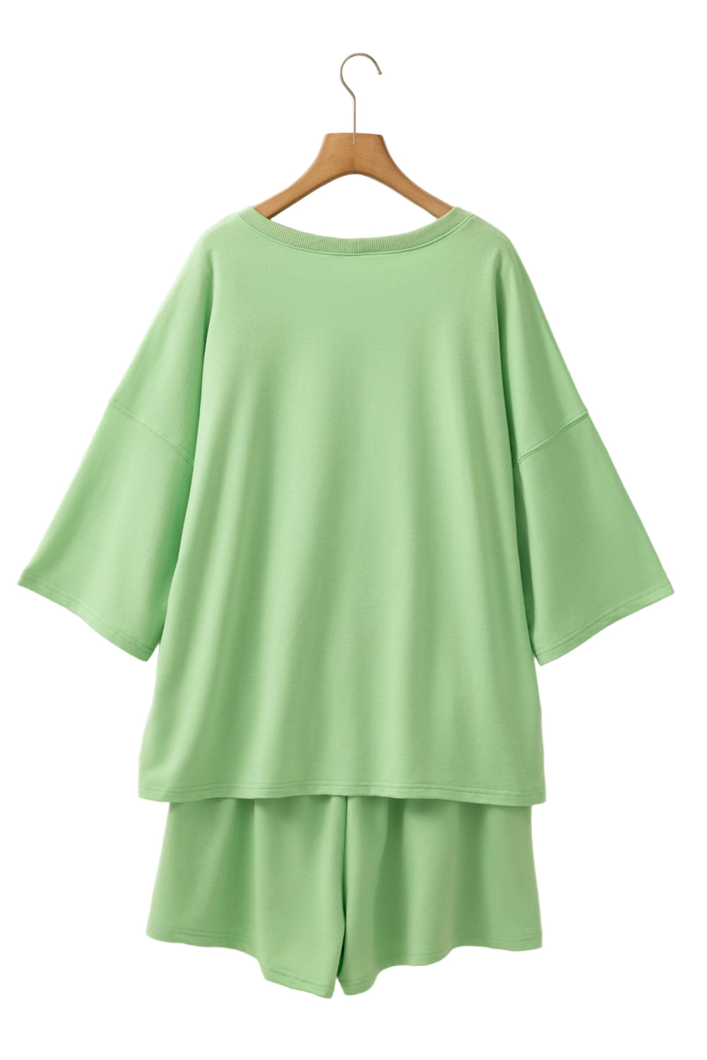 Meadow Mist Green Plus Size V Neck Drop Shoulder Tee Loose Shorts 2pcs Outfit Garden Naked Curves