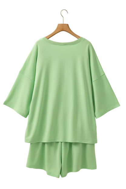 Meadow Mist Green Plus Size V Neck Drop Shoulder Tee Loose Shorts 2pcs Outfit Garden Naked Curves