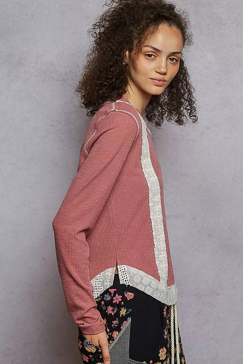 POL Contrast Round Neck Long Sleeve Ribbed Top with Eyelet Patch West2East Surf