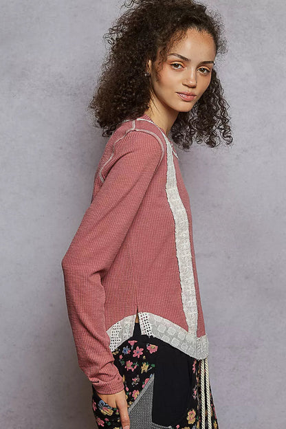 POL Contrast Round Neck Long Sleeve Ribbed Top with Eyelet Patch West2East Surf