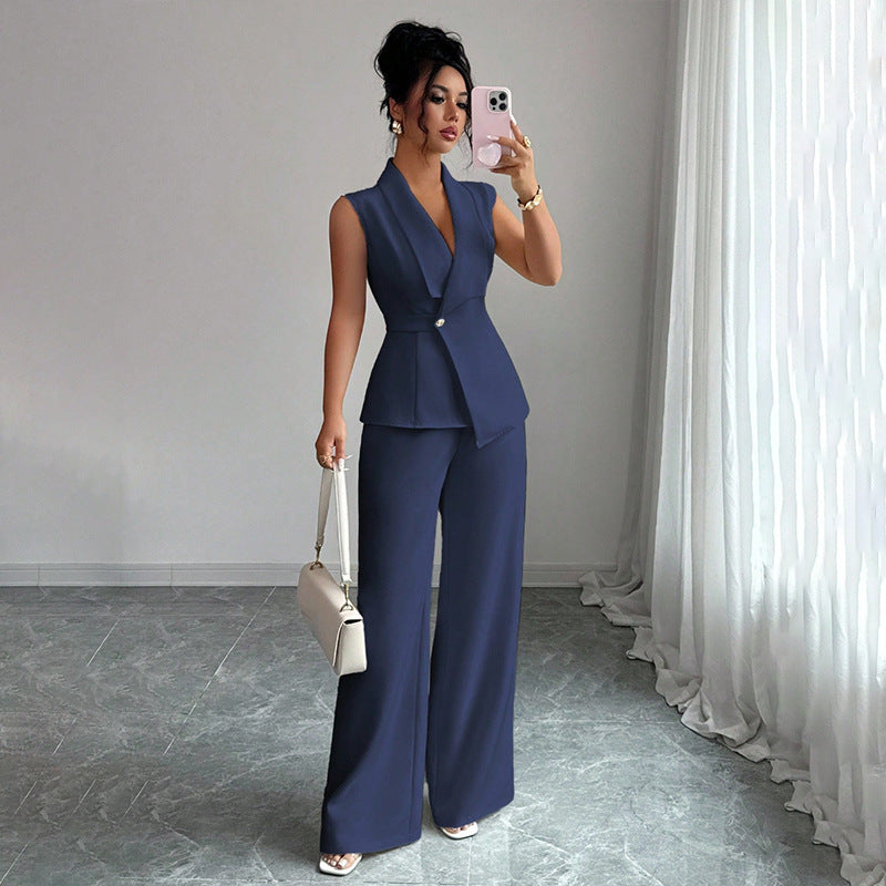 Women's Sleeveless Blazer & Straight-Leg Pants Two-Piece Set FitiqueFit