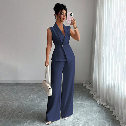 Women's Sleeveless Blazer & Straight-Leg Pants Two-Piece Set FitiqueFit