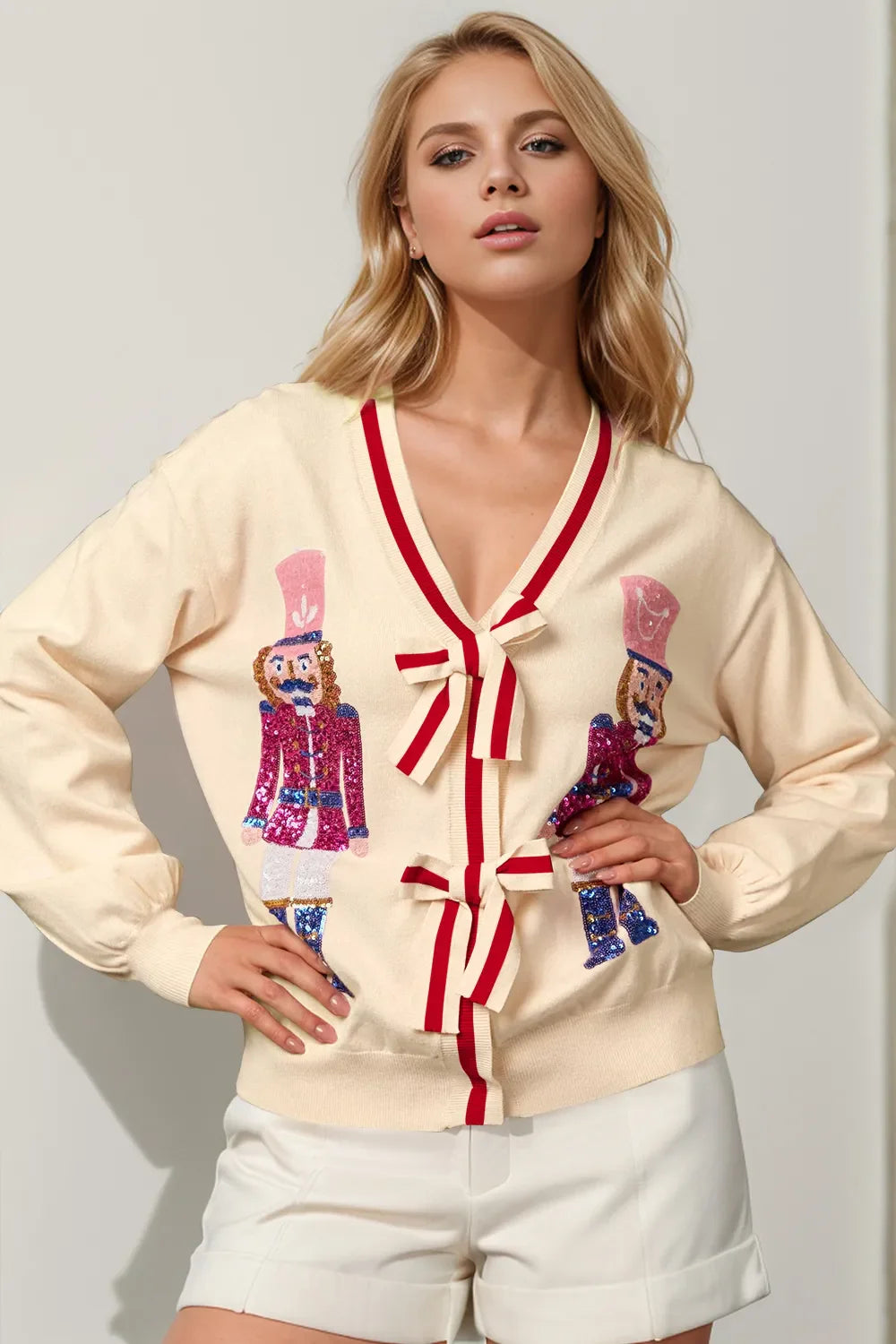 Nutcracker Sequin Bow Decor Cardigan FitiqueFit