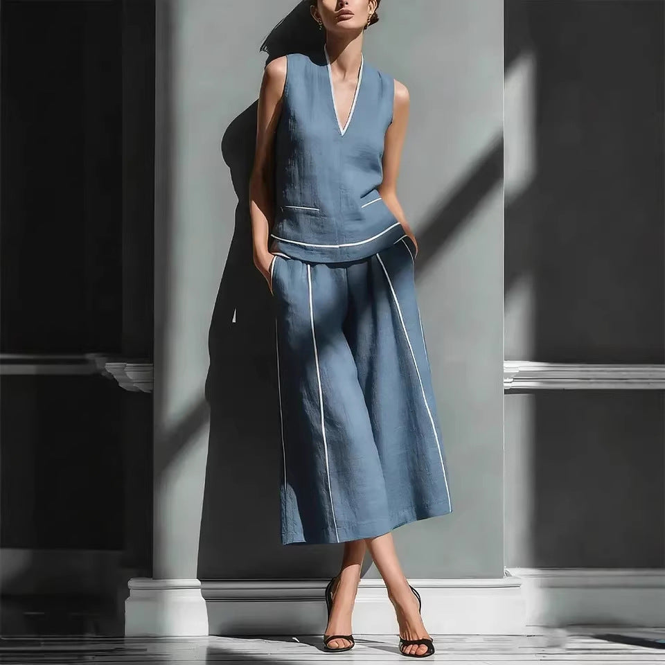 Women's Sleeveless Linen Shirt & Cropped Pants Set – Casual 2-Piece Outfit FitiqueFit
