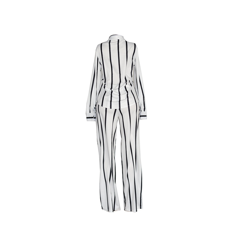 Women's Striped Print Two-piece Set - Button Front Collar Long Sleeve Shirt & High Waist Wide Leg Loose Pants Set - Casual Style - For Women - Perfect for Everyday Wear & Loungewear - Great Gift for Fashionable Women NovaCart
