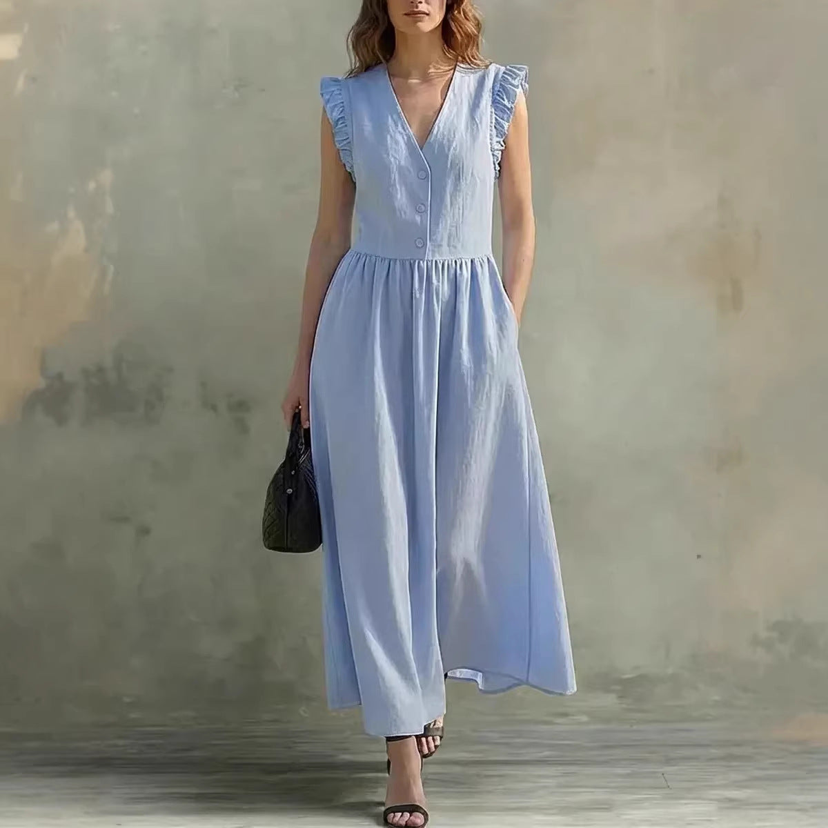 V-Neck Puff-Sleeve Dress with Pockets – Cotton Linen, 7 Colors FitiqueFit