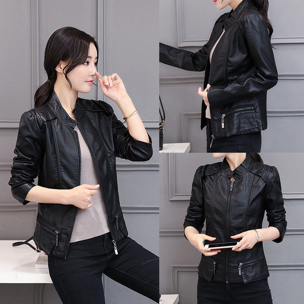 Korean-Style Slim Fit Motorcycle Leather Coat — Stand-Up Collar FitiqueFit