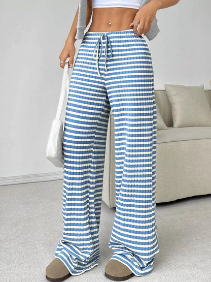 Striped Ribbed Knit Drawstring Waist Wide Leg Pants New Era Fashion LLc