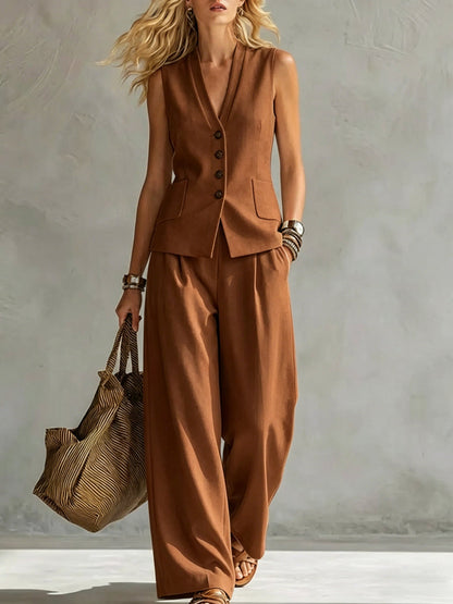 Women's Solid Linen Sleeveless Tank Top & Full-Length Pants Set FitiqueFit