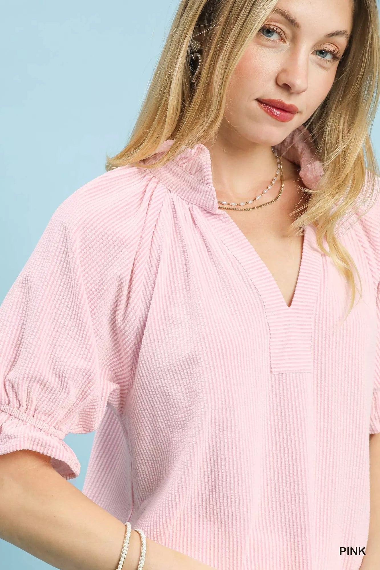 Umgee Textured Ruffle Sleeve V-Neck Top Montret
